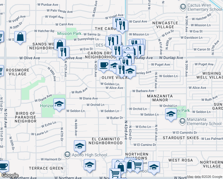 map of restaurants, bars, coffee shops, grocery stores, and more near 4405 West Golden Lane in Glendale