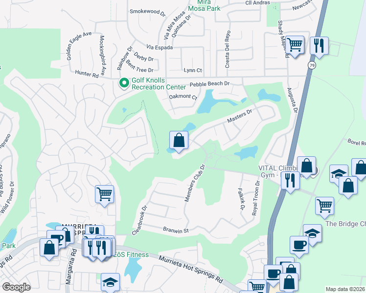 map of restaurants, bars, coffee shops, grocery stores, and more near 29354 Masters Drive in Murrieta