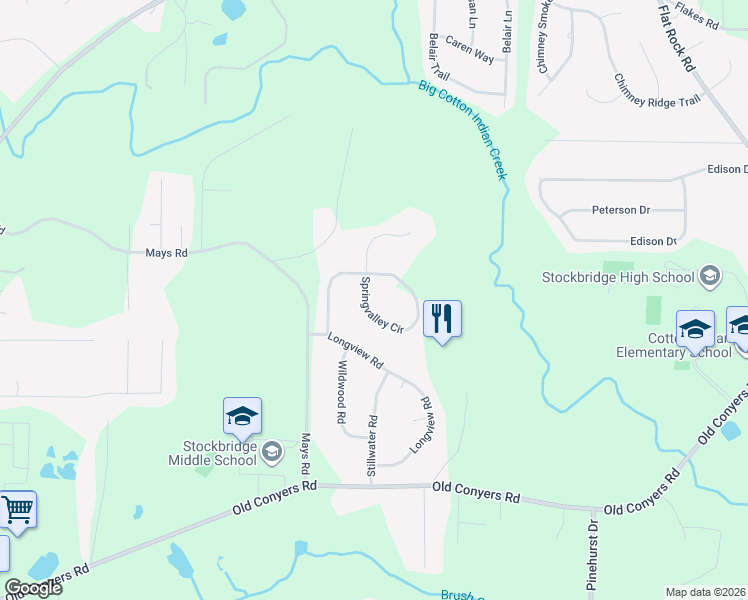 map of restaurants, bars, coffee shops, grocery stores, and more near 163 Springvalley Circle in Stockbridge