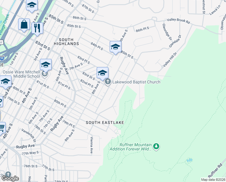 map of restaurants, bars, coffee shops, grocery stores, and more near 913 83rd Street South in Birmingham