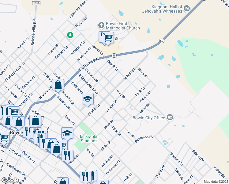 map of restaurants, bars, coffee shops, grocery stores, and more near 1201 North Mill Street in Bowie