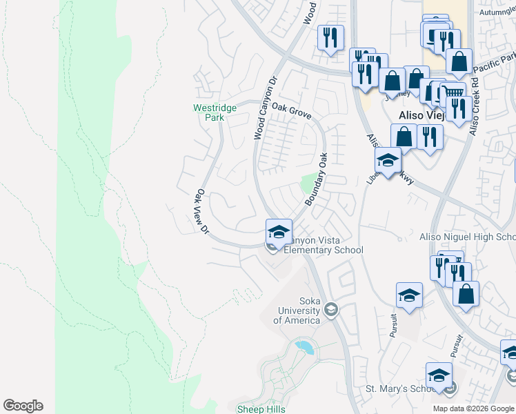 map of restaurants, bars, coffee shops, grocery stores, and more near 10 Sunswept Mesa in Aliso Viejo