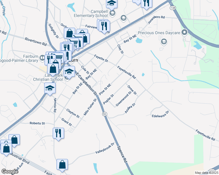map of restaurants, bars, coffee shops, grocery stores, and more near 105 Pine Street Northeast in Fairburn
