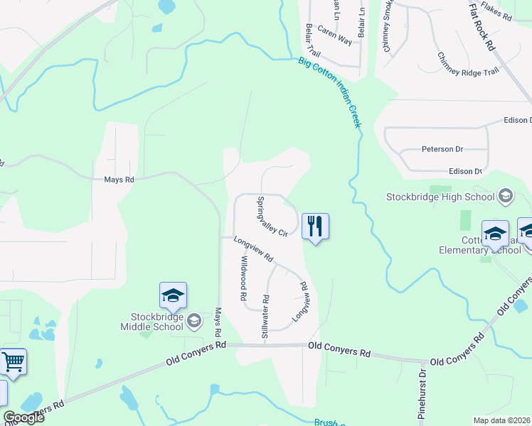 map of restaurants, bars, coffee shops, grocery stores, and more near 163 Springvalley Circle in Stockbridge