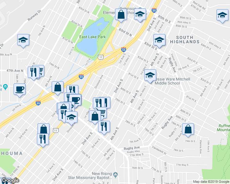 map of restaurants, bars, coffee shops, grocery stores, and more near 7901 2nd Avenue South in Birmingham