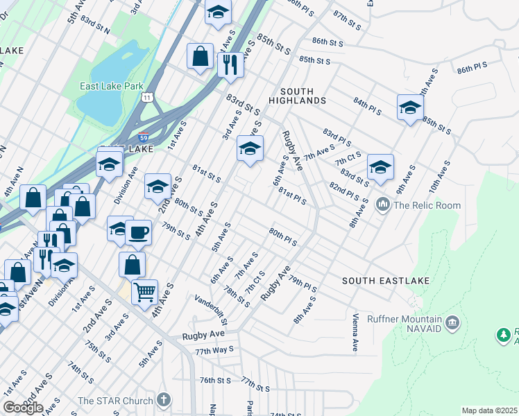 map of restaurants, bars, coffee shops, grocery stores, and more near 520 81st Street South in Birmingham