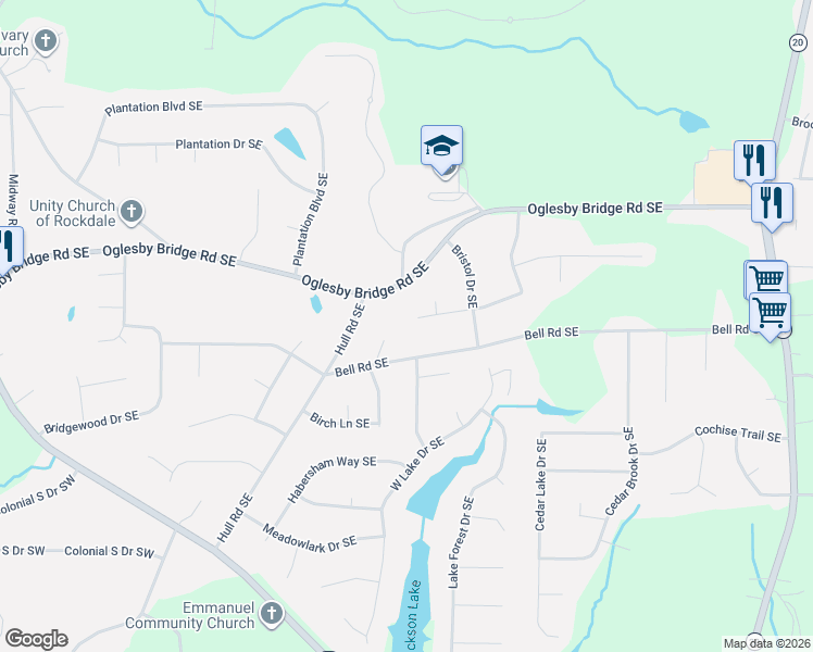 map of restaurants, bars, coffee shops, grocery stores, and more near 523 Windsor Drive Southeast in Conyers