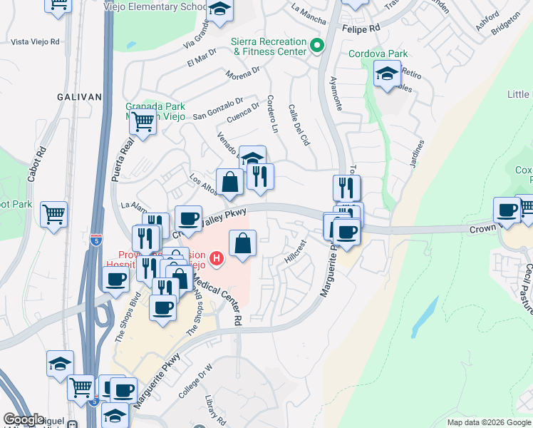 map of restaurants, bars, coffee shops, grocery stores, and more near 27407 Bellogente in Mission Viejo