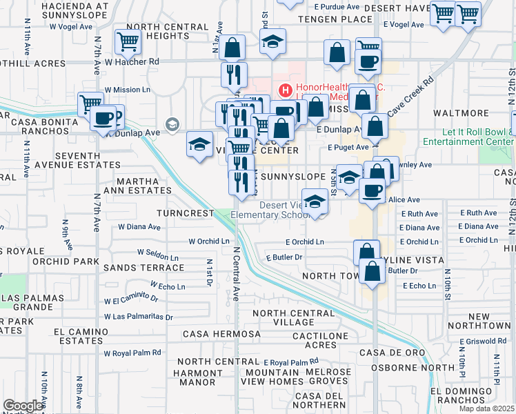 map of restaurants, bars, coffee shops, grocery stores, and more near 103 East Alice Avenue in Phoenix