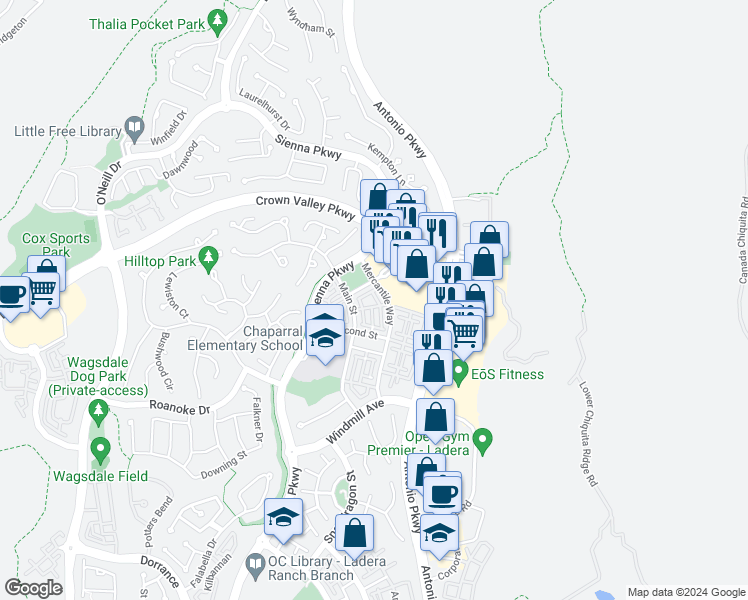 map of restaurants, bars, coffee shops, grocery stores, and more near 17 Keystone Drive in Ladera Ranch