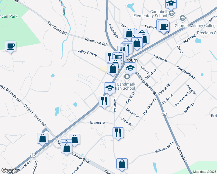 map of restaurants, bars, coffee shops, grocery stores, and more near 155 Southwest Broad Street in Fairburn