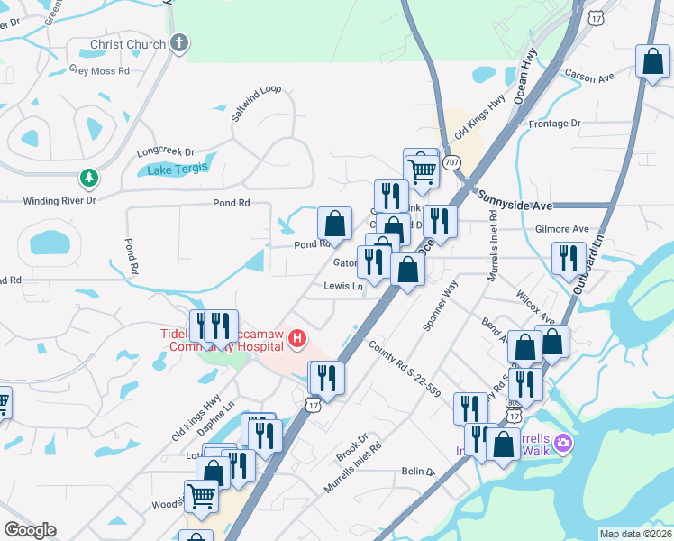 map of restaurants, bars, coffee shops, grocery stores, and more near 889 Gator Lane in Murrells Inlet