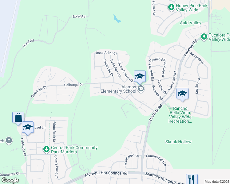 map of restaurants, bars, coffee shops, grocery stores, and more near 38387 Chestnut Circle in Murrieta