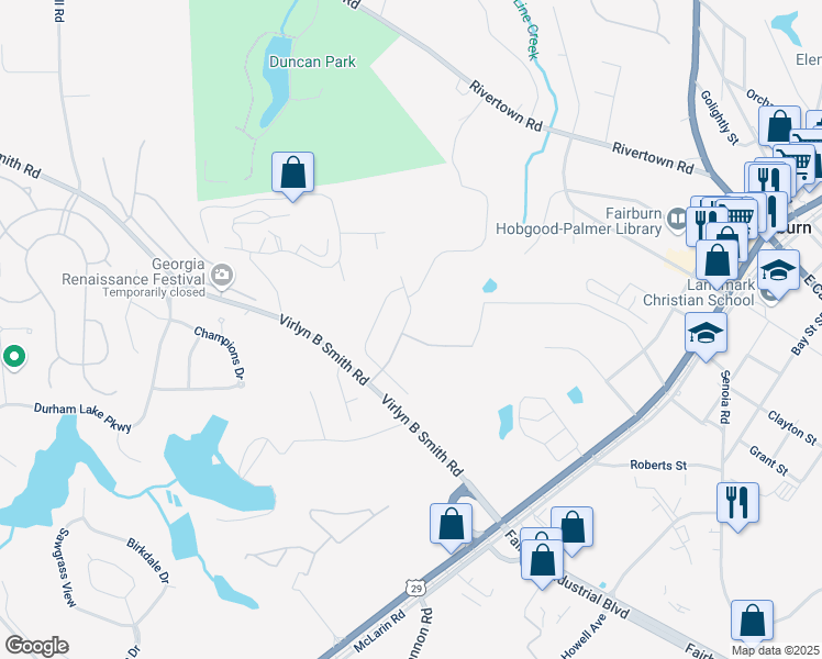 map of restaurants, bars, coffee shops, grocery stores, and more near 319 Brooks Drive in Fairburn