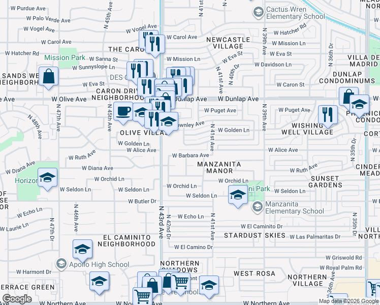 map of restaurants, bars, coffee shops, grocery stores, and more near 4221 West Lawrence Lane in Phoenix