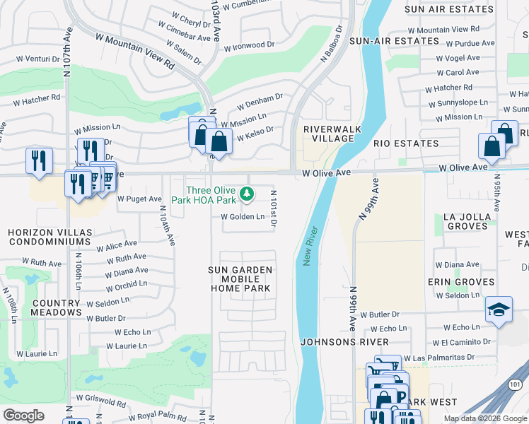 map of restaurants, bars, coffee shops, grocery stores, and more near 10159 West Townley Avenue in Peoria