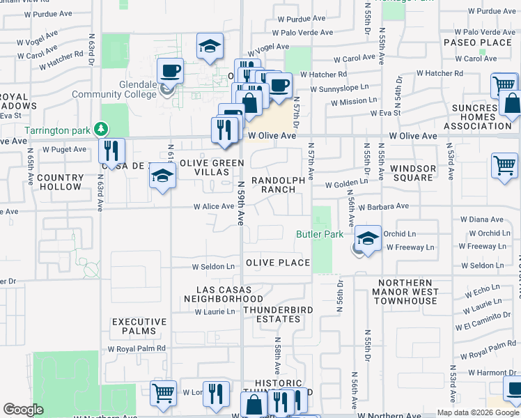 map of restaurants, bars, coffee shops, grocery stores, and more near 8721 North 58th Lane in Glendale