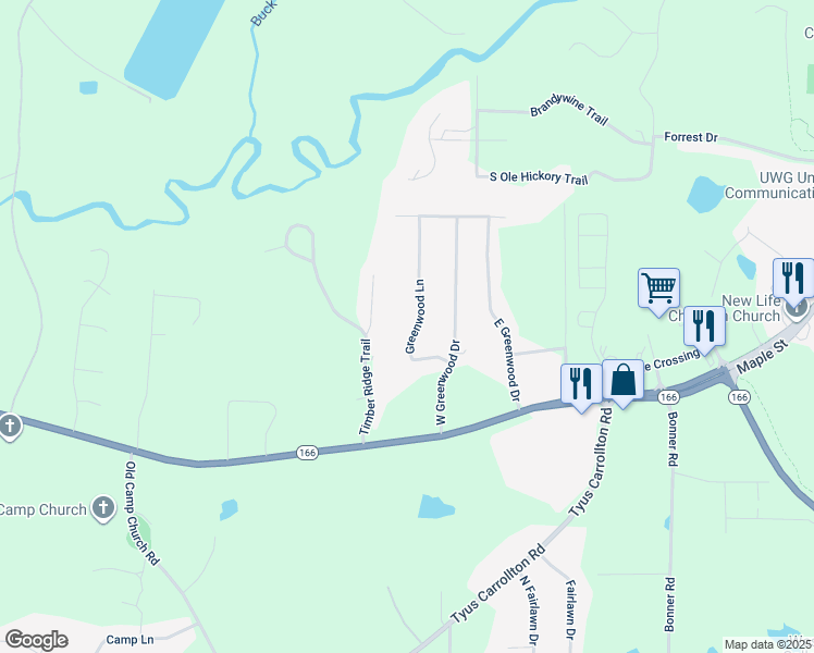 map of restaurants, bars, coffee shops, grocery stores, and more near 80 Greenwood Lane in Carrollton