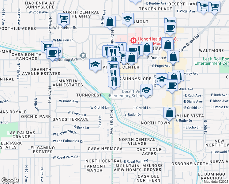 map of restaurants, bars, coffee shops, grocery stores, and more near 8729 North Central Avenue in Phoenix