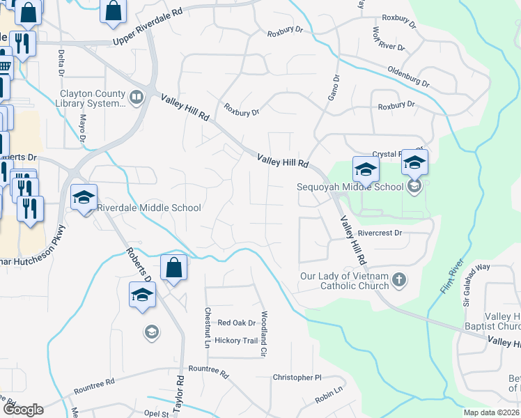 map of restaurants, bars, coffee shops, grocery stores, and more near 174 Slicky Rock Court in Riverdale