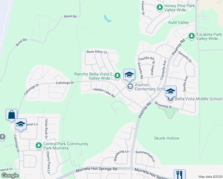 map of restaurants, bars, coffee shops, grocery stores, and more near 38379 Falcon Court in Murrieta