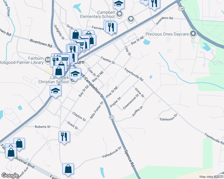 map of restaurants, bars, coffee shops, grocery stores, and more near 52 Pine Street Northeast in Fairburn