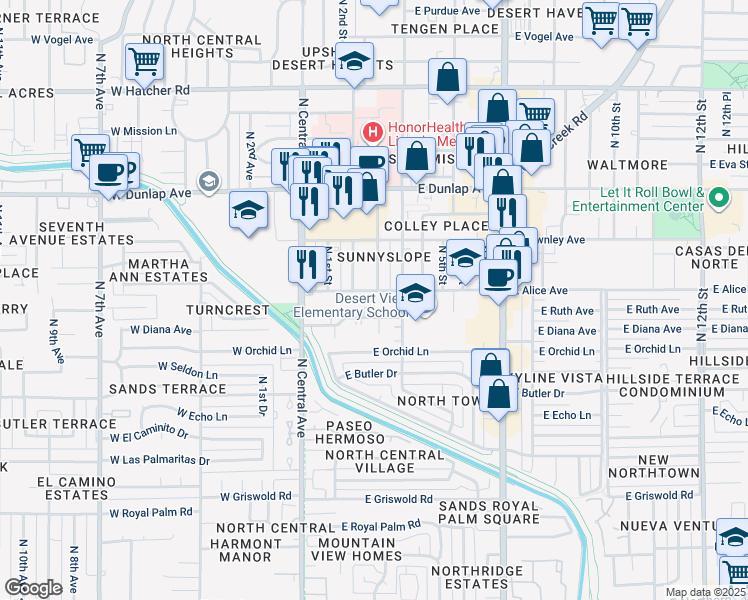 map of restaurants, bars, coffee shops, grocery stores, and more near 207 East Alice Avenue in Phoenix