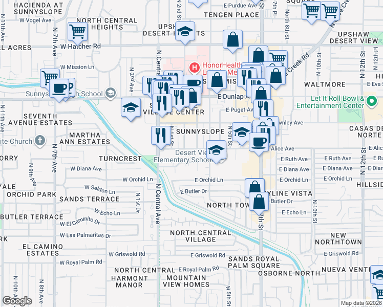 map of restaurants, bars, coffee shops, grocery stores, and more near 207 East Alice Avenue in Phoenix