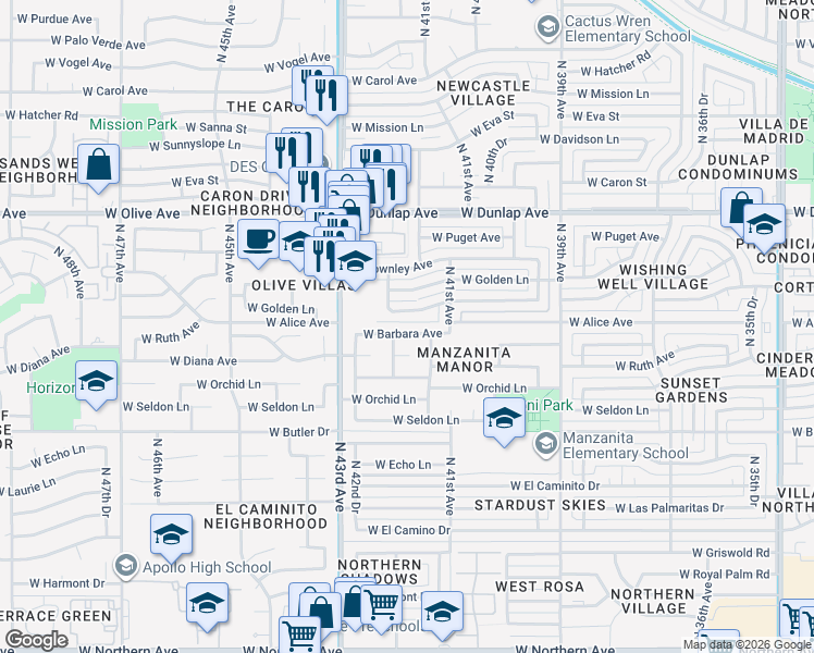 map of restaurants, bars, coffee shops, grocery stores, and more near 4221 West Lawrence Lane in Phoenix