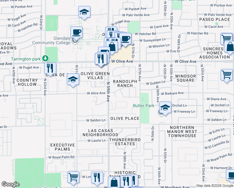 map of restaurants, bars, coffee shops, grocery stores, and more near 8721 North 58th Lane in Glendale