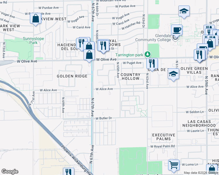 map of restaurants, bars, coffee shops, grocery stores, and more near 6585 West Lawrence Lane in Glendale