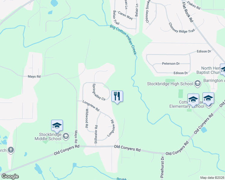 map of restaurants, bars, coffee shops, grocery stores, and more near 138 Springvalley Circle in Stockbridge