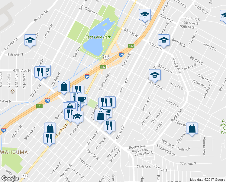 map of restaurants, bars, coffee shops, grocery stores, and more near 7912 1st Avenue North in Birmingham