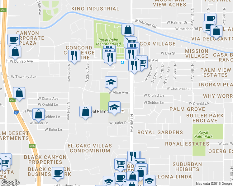 map of restaurants, bars, coffee shops, grocery stores, and more near 2021 West Alice Avenue in Phoenix