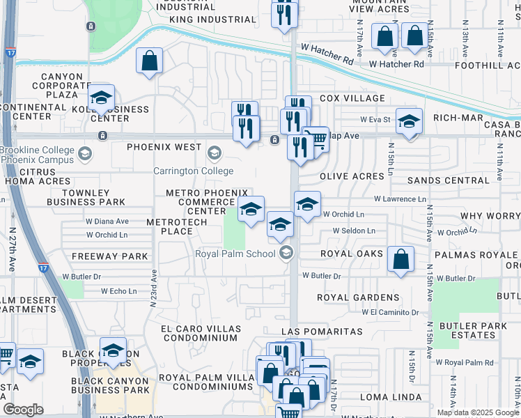 map of restaurants, bars, coffee shops, grocery stores, and more near 2021 West Alice Avenue in Phoenix