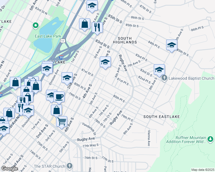map of restaurants, bars, coffee shops, grocery stores, and more near 520 81st Street South in Birmingham