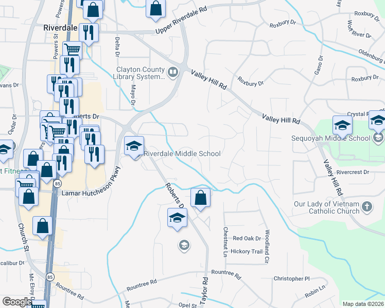 map of restaurants, bars, coffee shops, grocery stores, and more near 316 Brookview Drive in Riverdale