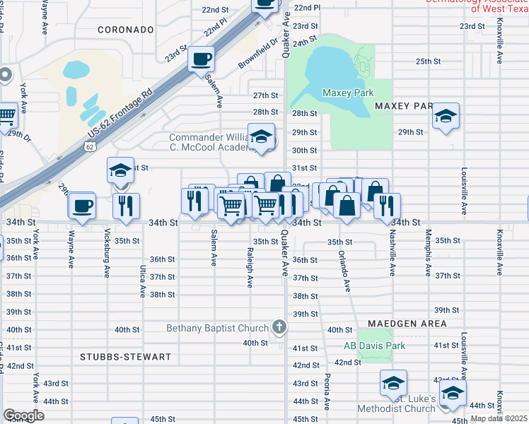 map of restaurants, bars, coffee shops, grocery stores, and more near 4426 34th Street in Lubbock