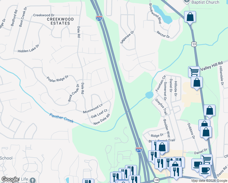 map of restaurants, bars, coffee shops, grocery stores, and more near 3631 Mosswood Lane in Rex