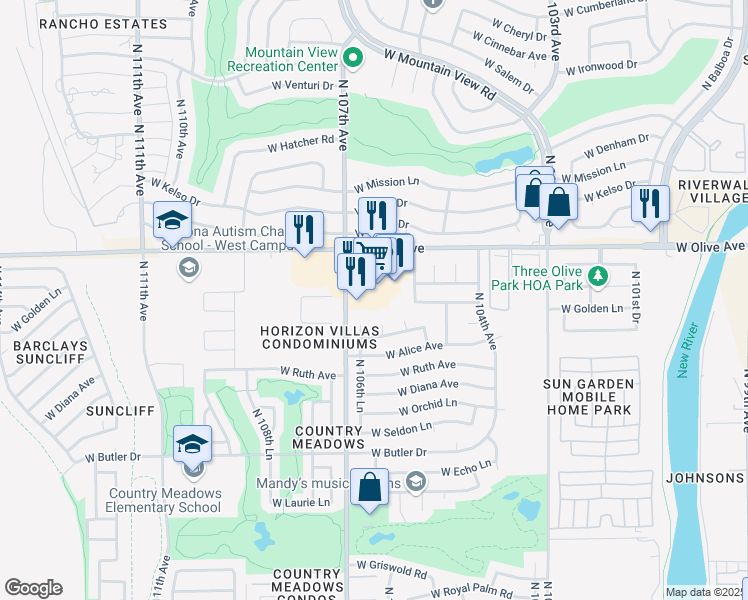 map of restaurants, bars, coffee shops, grocery stores, and more near 10641 West Olive Avenue in Peoria