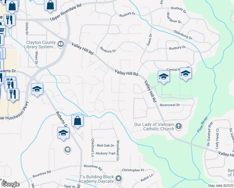 map of restaurants, bars, coffee shops, grocery stores, and more near 174 Slicky Rock Court in Riverdale