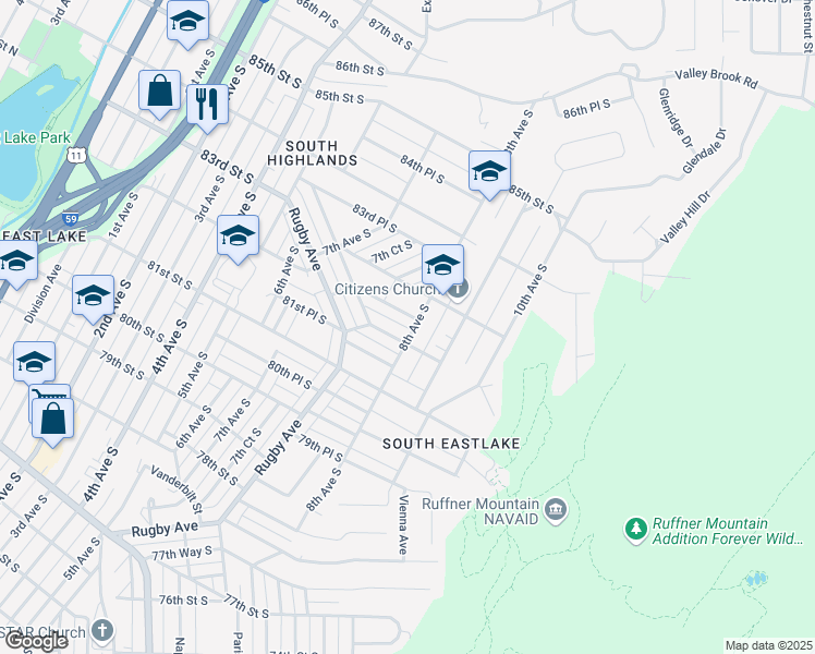 map of restaurants, bars, coffee shops, grocery stores, and more near 8214 8th Avenue South in Birmingham