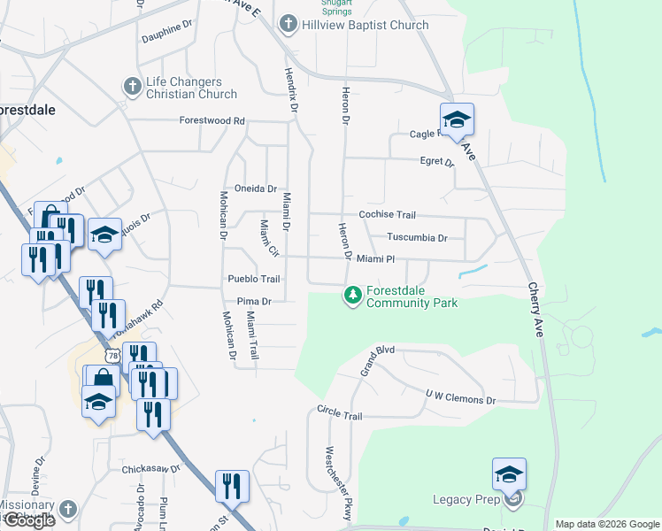 map of restaurants, bars, coffee shops, grocery stores, and more near 809 Miami Pl in Birmingham