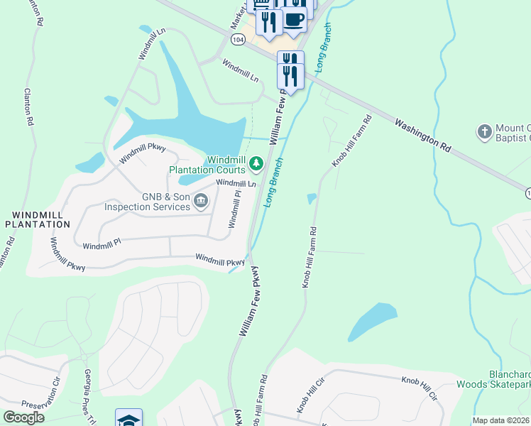 map of restaurants, bars, coffee shops, grocery stores, and more near 2965 William Few Parkway in Evans