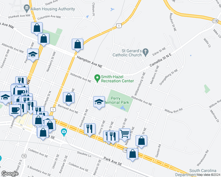 map of restaurants, bars, coffee shops, grocery stores, and more near 601 Abbeville Avenue Northeast in Aiken