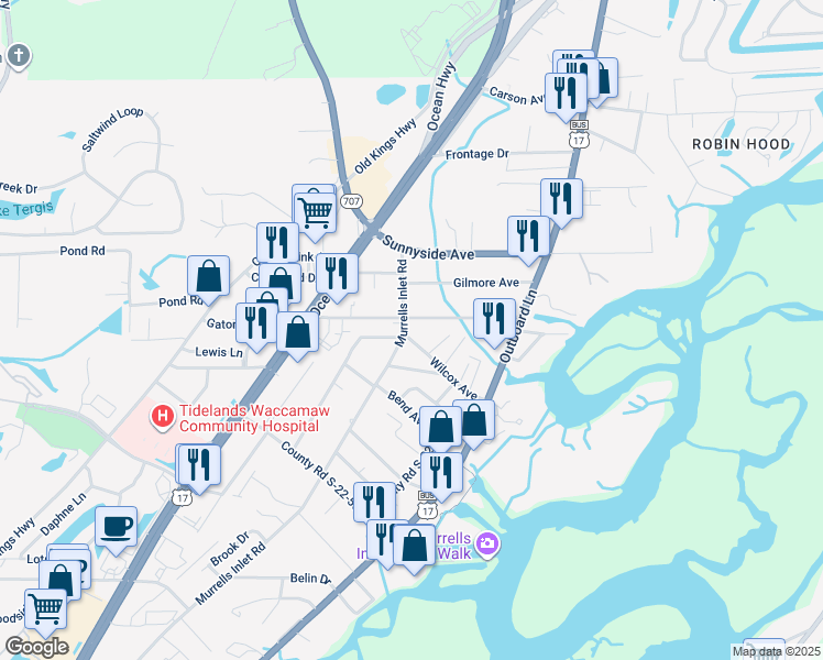 map of restaurants, bars, coffee shops, grocery stores, and more near 595 Hammock Avenue in Murrells Inlet