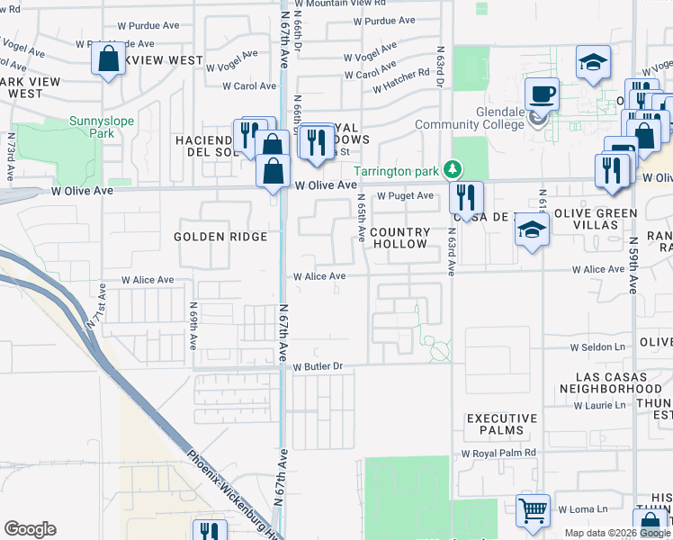 map of restaurants, bars, coffee shops, grocery stores, and more near 6585 West Lawrence Lane in Glendale