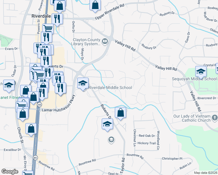 map of restaurants, bars, coffee shops, grocery stores, and more near 394 Brookview Drive in Riverdale