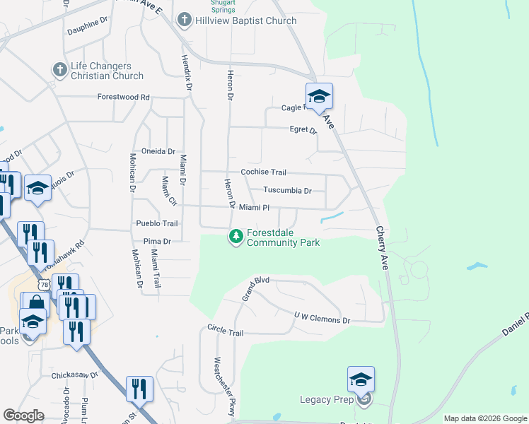 map of restaurants, bars, coffee shops, grocery stores, and more near 835 Miami Place in Birmingham