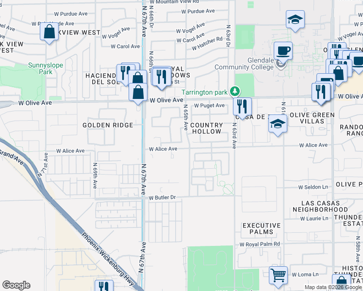 map of restaurants, bars, coffee shops, grocery stores, and more near 6585 West Lawrence Lane in Glendale